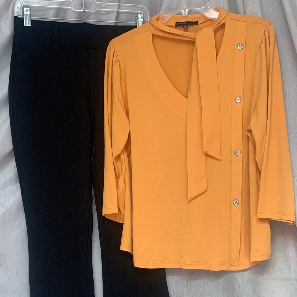 Adrienne Vittadini Mustard Tie-Neck Blouse with Black Straight-Leg Pants
